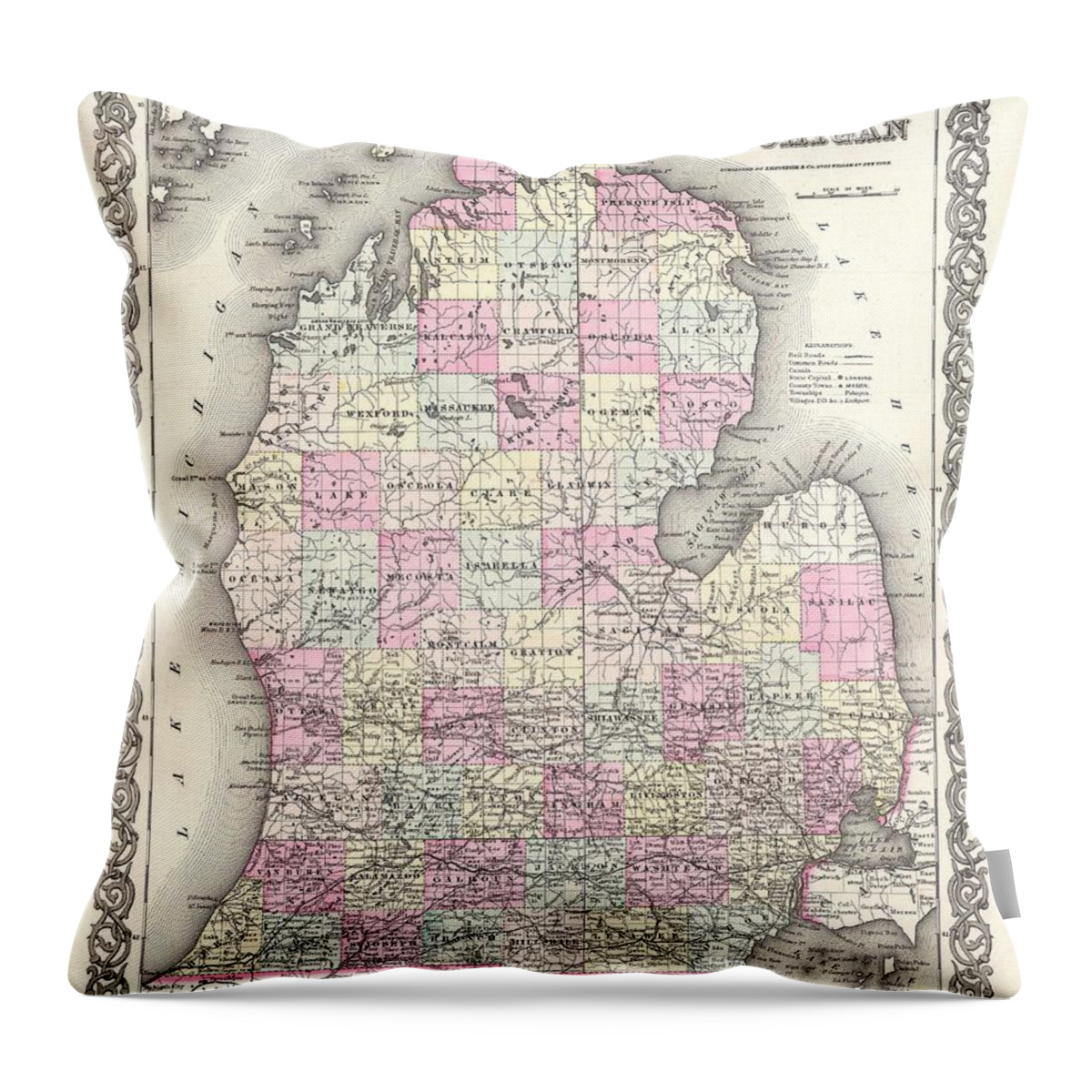 Antique Map Of Michigan Throw Pillow featuring the drawing Antique Maps - Old Cartographic maps - Antique Map of Michigan, 1855 by Studio Grafiikka
