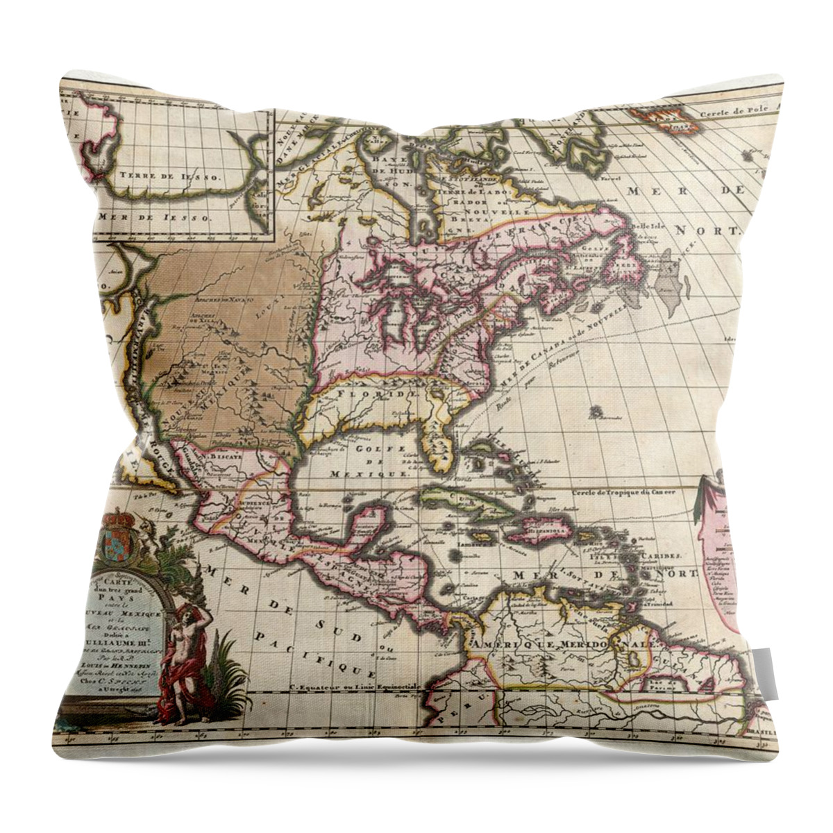 Antique Map Of North America Throw Pillow featuring the drawing Antique Maps - Old Cartographic maps - Antique Map of North America by Louis Hennepin, 1698 by Studio Grafiikka