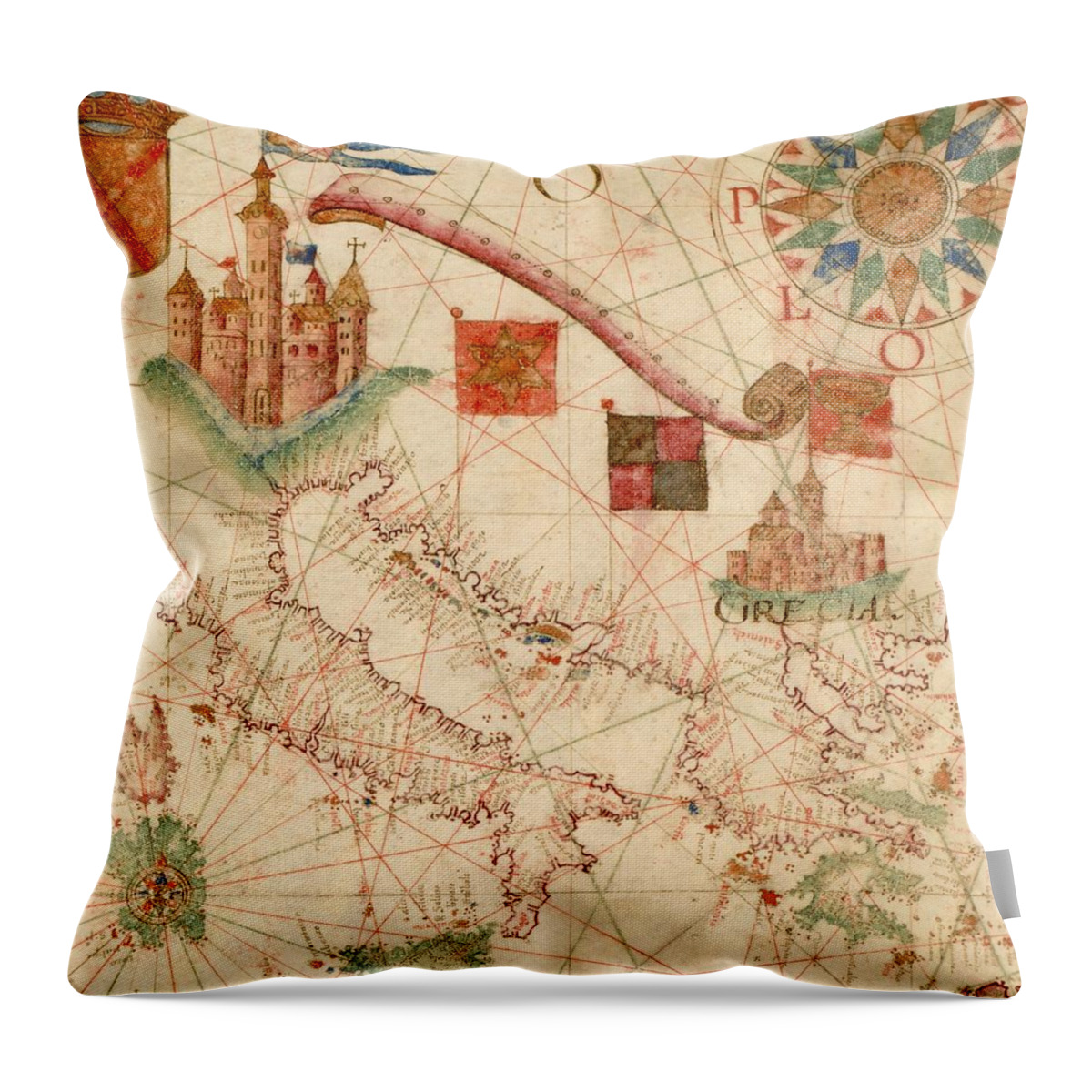 Antique Map Of Italy And Greece Throw Pillow featuring the drawing Antique Maps - Old Cartographic maps - Antique Map of the Mediterranean area - Italy, Greece by Studio Grafiikka