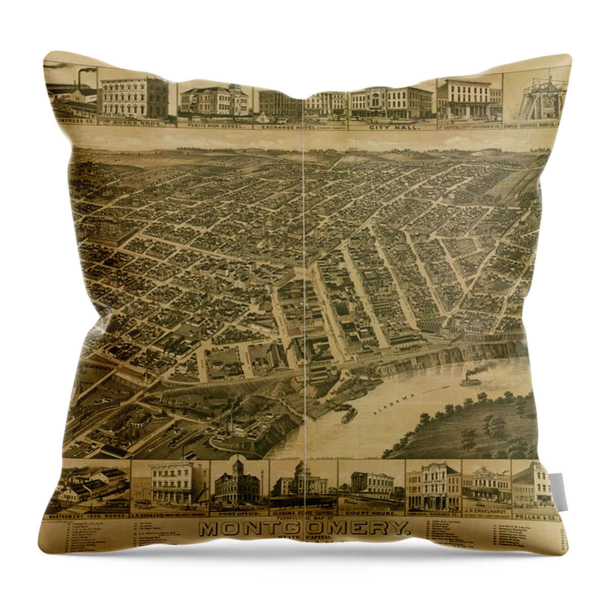 Antique Map Of Montgomery Throw Pillow featuring the drawing Antique Maps - Old Cartographic maps - Antique Perspective Map of Montgomery, Alabama, 1887 by Studio Grafiikka