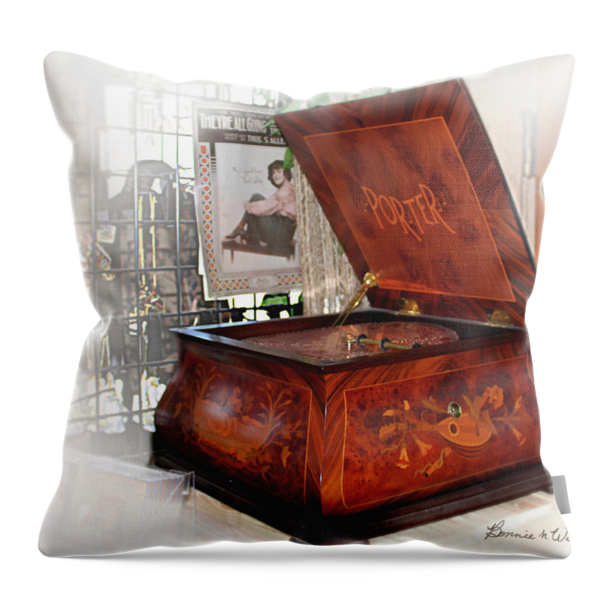 Phonograph Throw Pillow featuring the digital art Antique Phonograph by Bonnie Willis