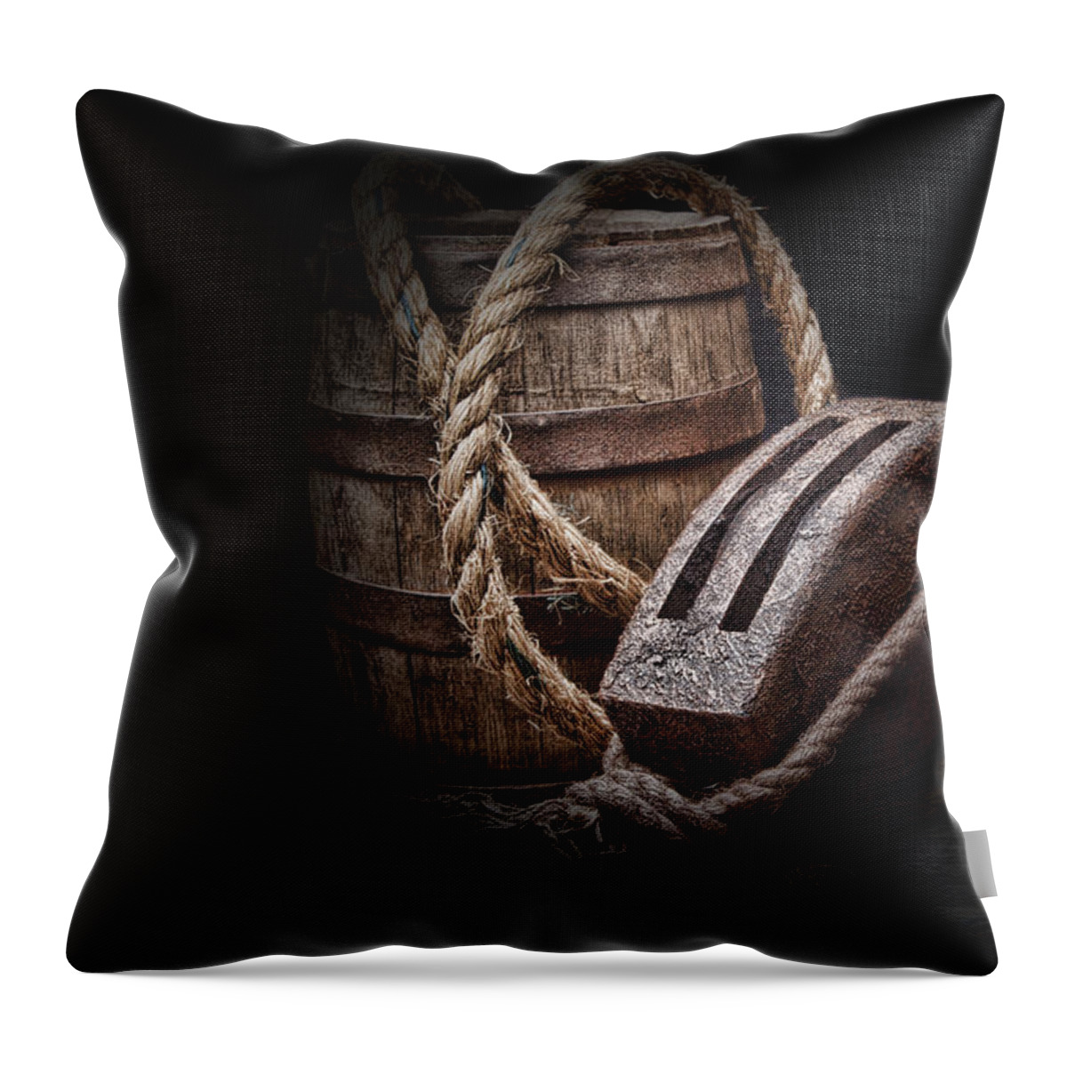 Tackle Throw Pillow featuring the photograph Antique Pulley and Barrel by Tom Mc Nemar