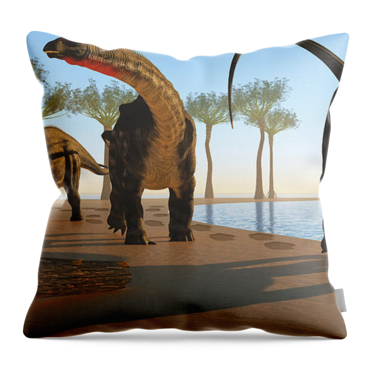 Apatasaurus Throw Pillow featuring the painting Apatosaurus Dinosaur Shore by Corey Ford