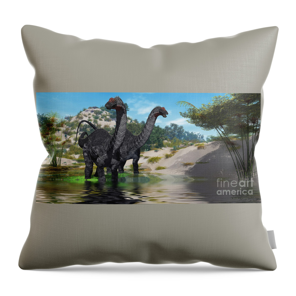 Apatosaurus Throw Pillow featuring the painting Apatosaurus Swamp by Corey Ford