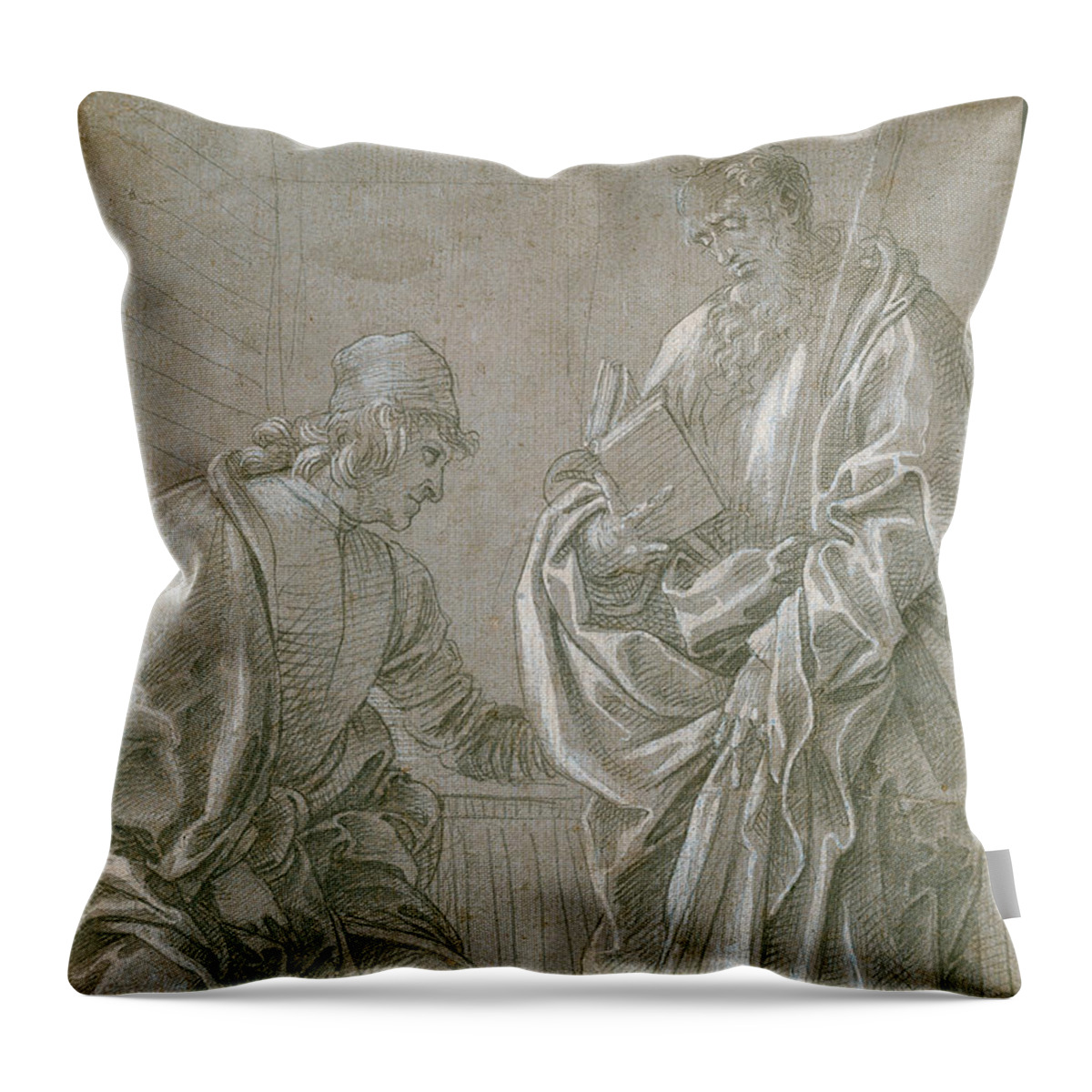 15th Century Art Throw Pillow featuring the drawing Apostle and Youth by Filippino Lippi