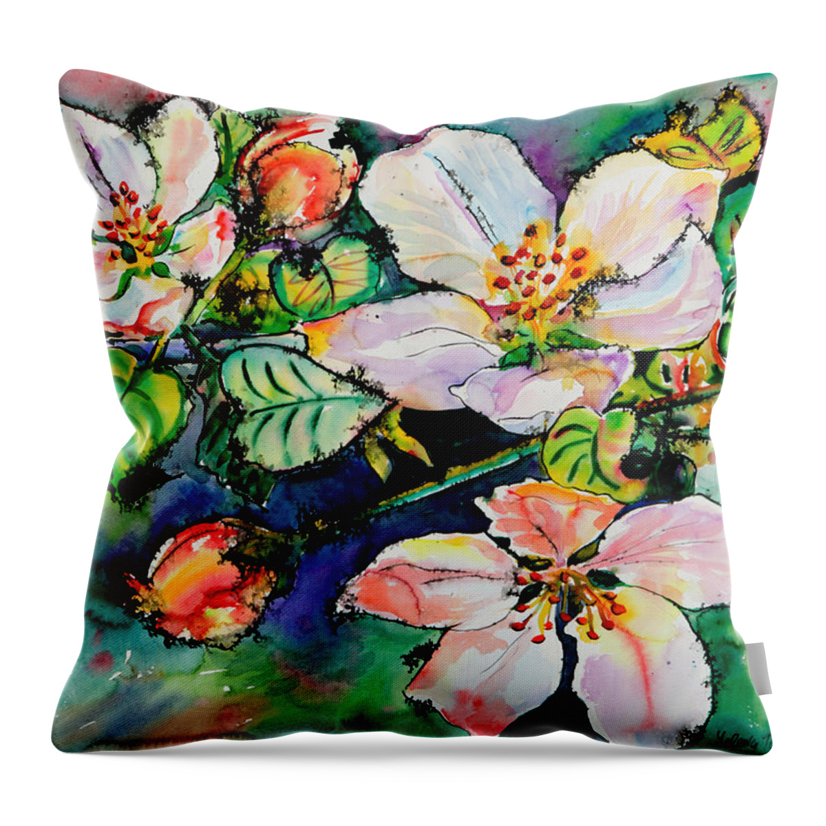 Flora Throw Pillow featuring the painting Apple Blossom by Yelena Tylkina