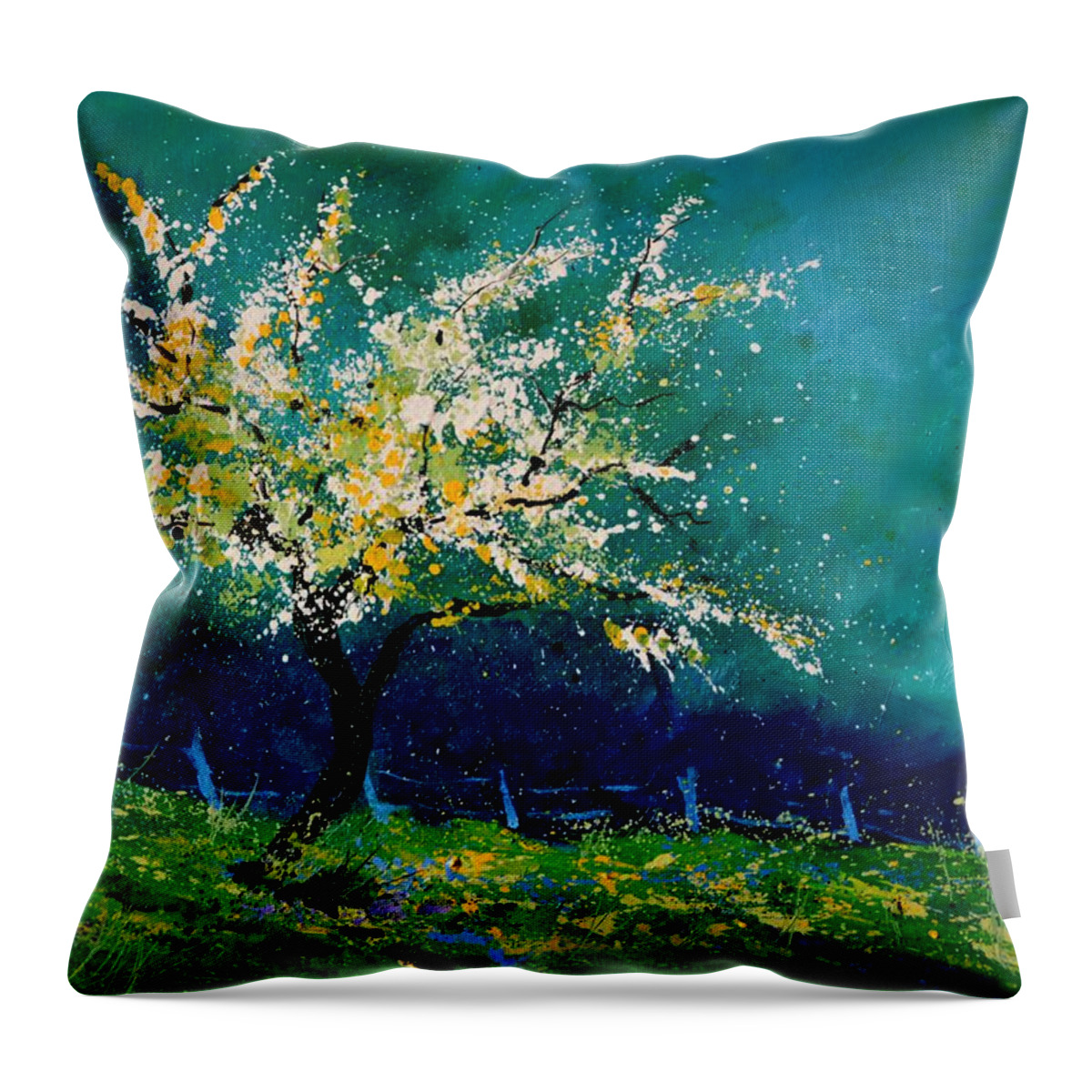 Landscape Throw Pillow featuring the painting Appletree In Blossom by Pol Ledent