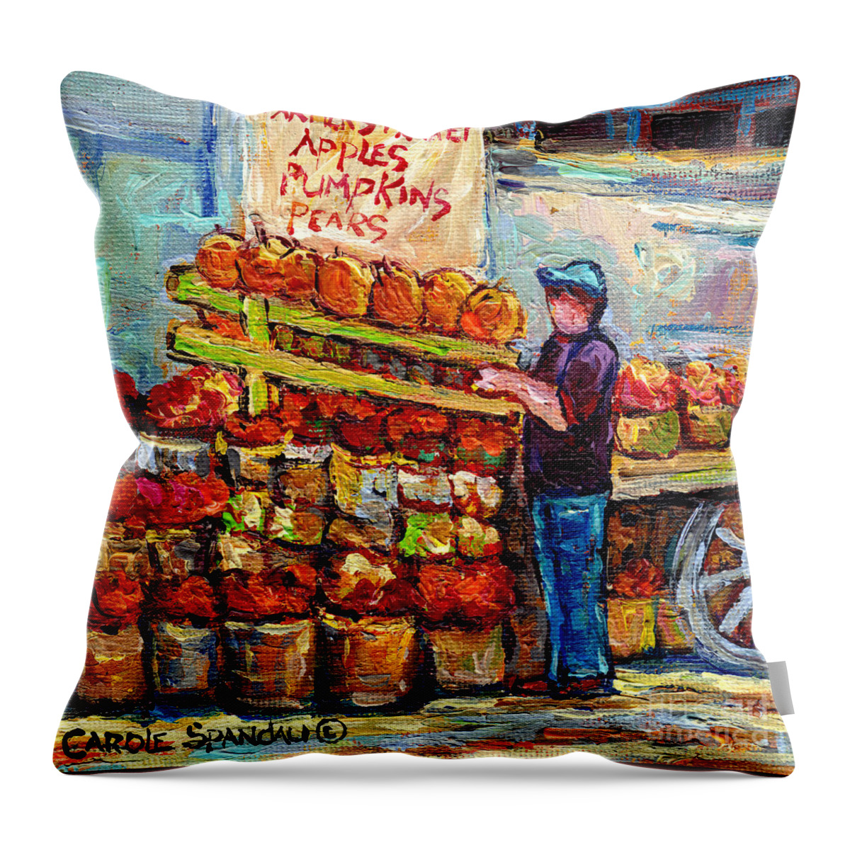 Markets Throw Pillow featuring the painting Apple Picking Time At Farmer's Fruit Stand Market Scene Canadian Paintings C Spandau Artist     by Carole Spandau