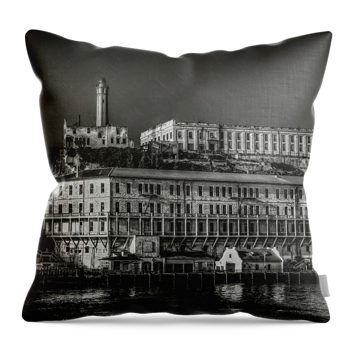 San Francisco California Throw Pillow featuring the photograph Approaching Alcatraz Island in Black and White by Jennifer Rondinelli Reilly - Fine Art Photography