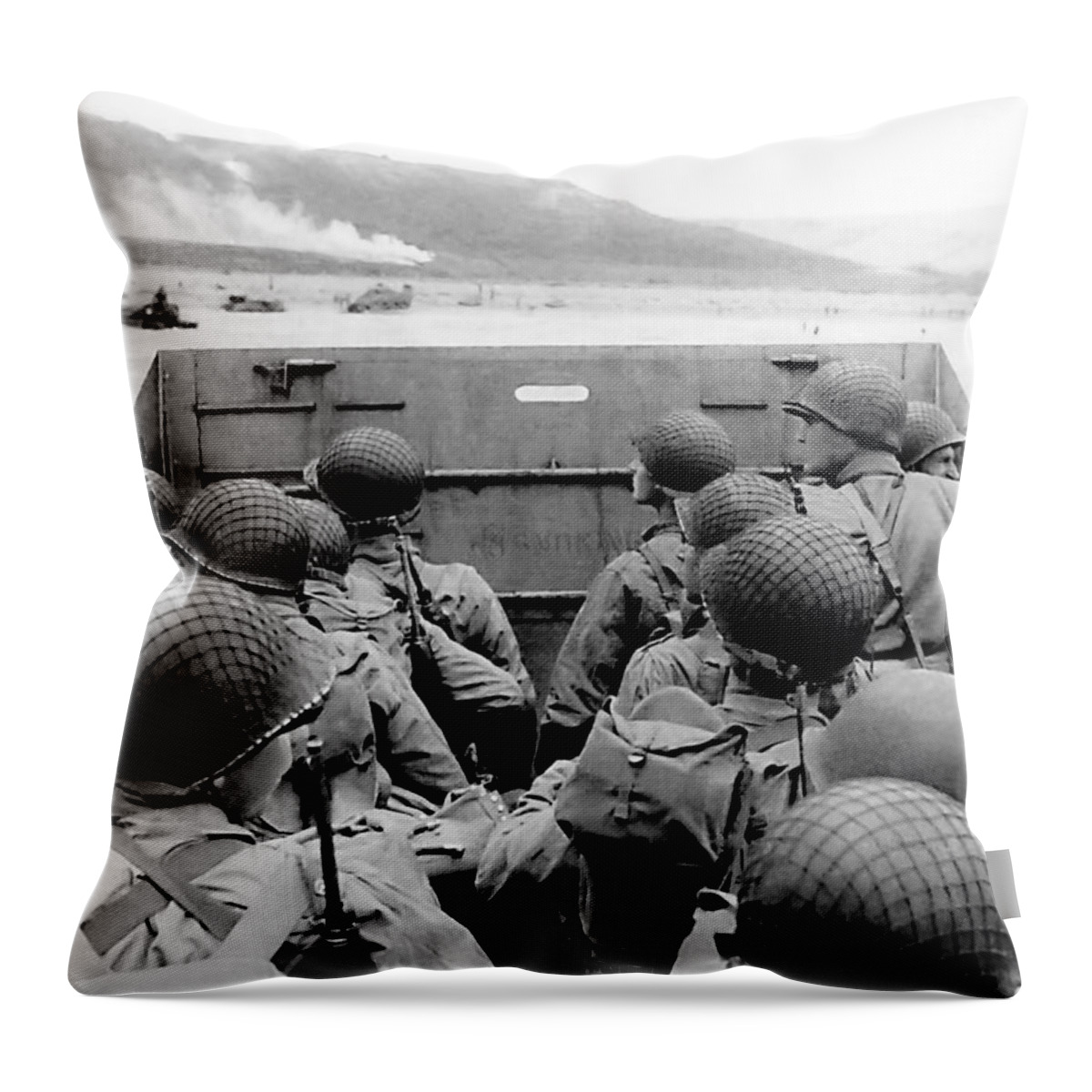 Invasion Of Normandy Throw Pillow featuring the photograph Approaching Omaha Beach - Invasion of Normandy - June 6, 1944 by War Is Hell Store