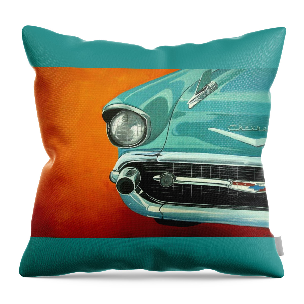 Folk Art Throw Pillow featuring the painting Aqua 1957 Chevy Bel Air - folk art by Debbie Criswell
