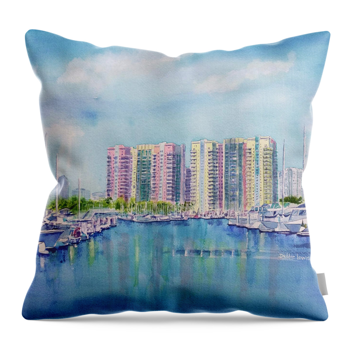 Aqua Towers Throw Pillow featuring the painting Aqua Towers and the Marina in Long Beach by Debbie Lewis