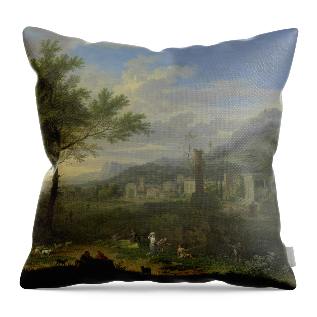 18th Century Art Throw Pillow featuring the painting Arcadian Landscape with Fishermen by Jan van Huysum