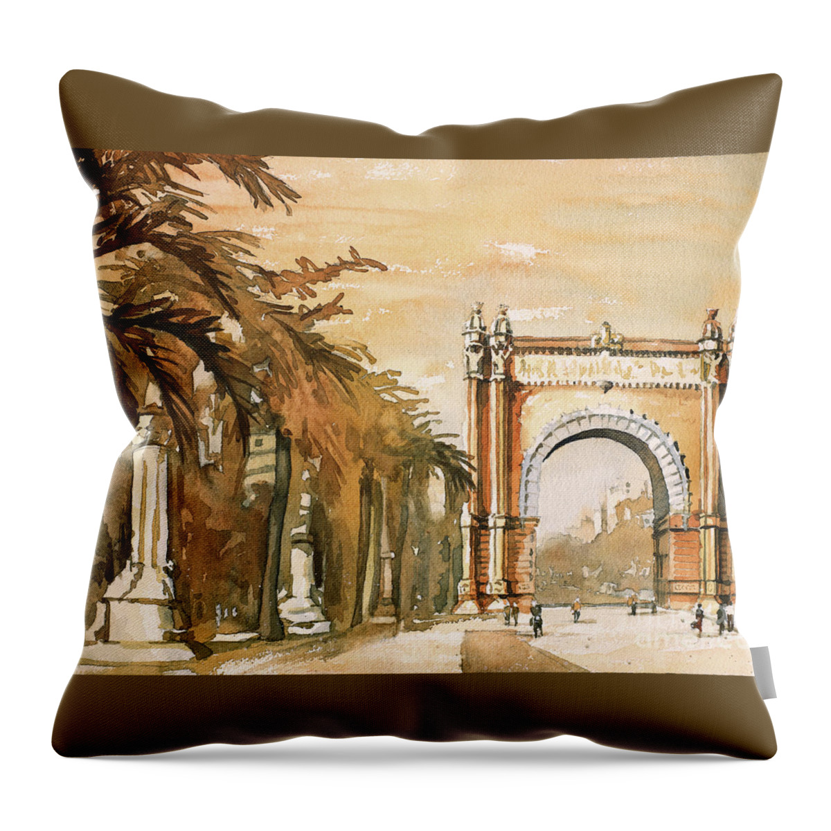 Street Scene Throw Pillow featuring the painting Arch- Barcelona, Spain by Ryan Fox