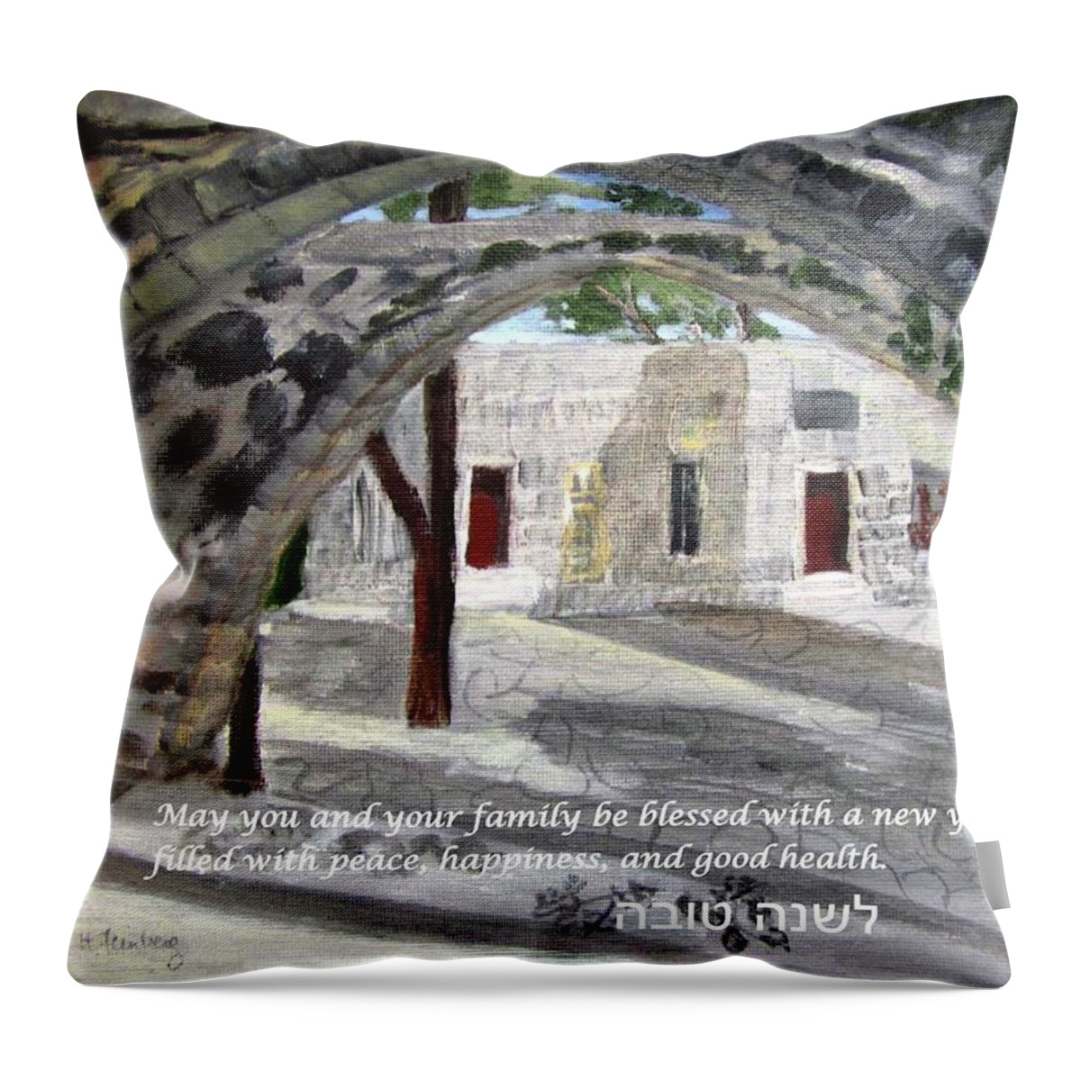 Rosh Hashanah Throw Pillow featuring the painting Arches at Ein Hod by Linda Feinberg