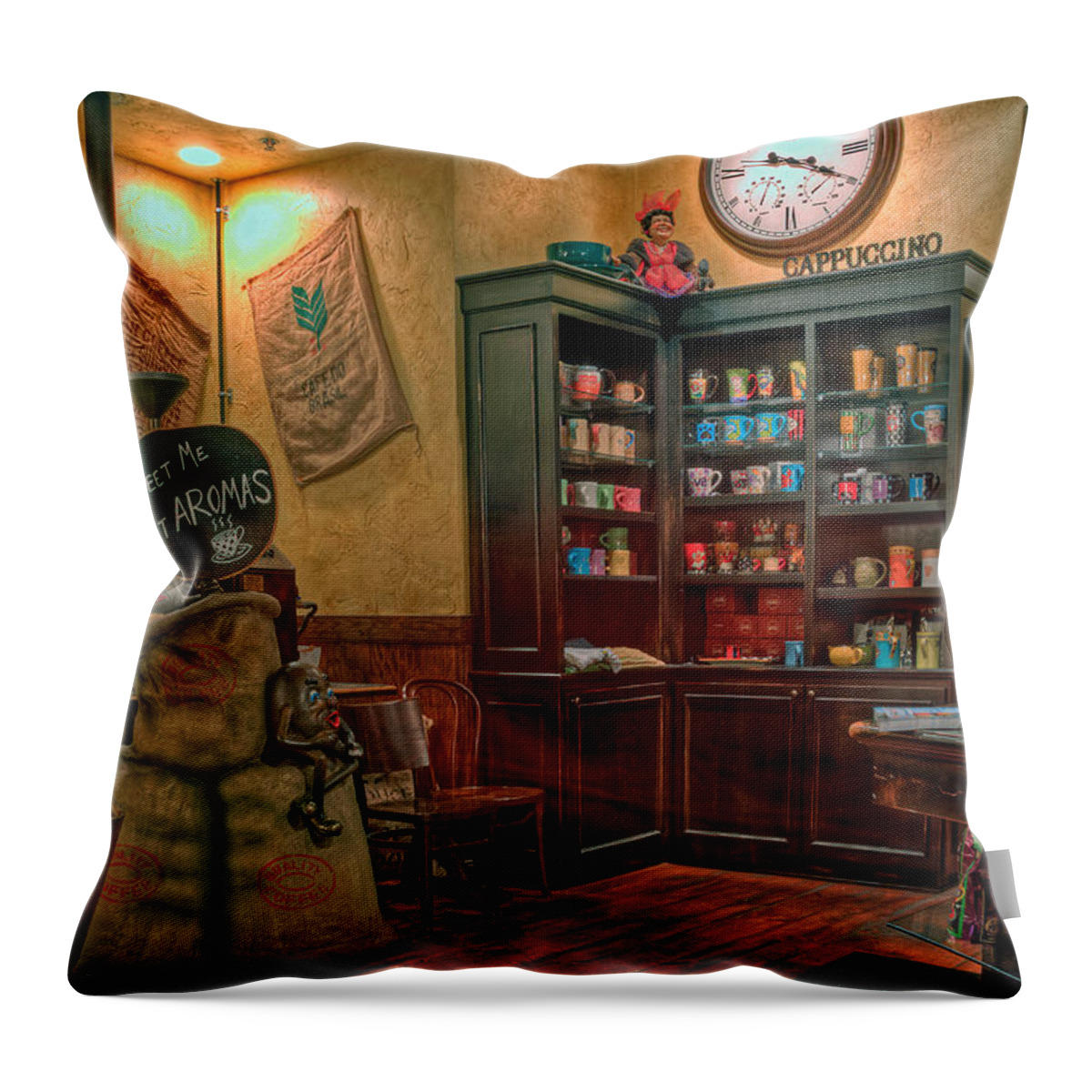 Aromas Throw Pillow featuring the photograph Aromas Coffee Shop by Jerry Gammon