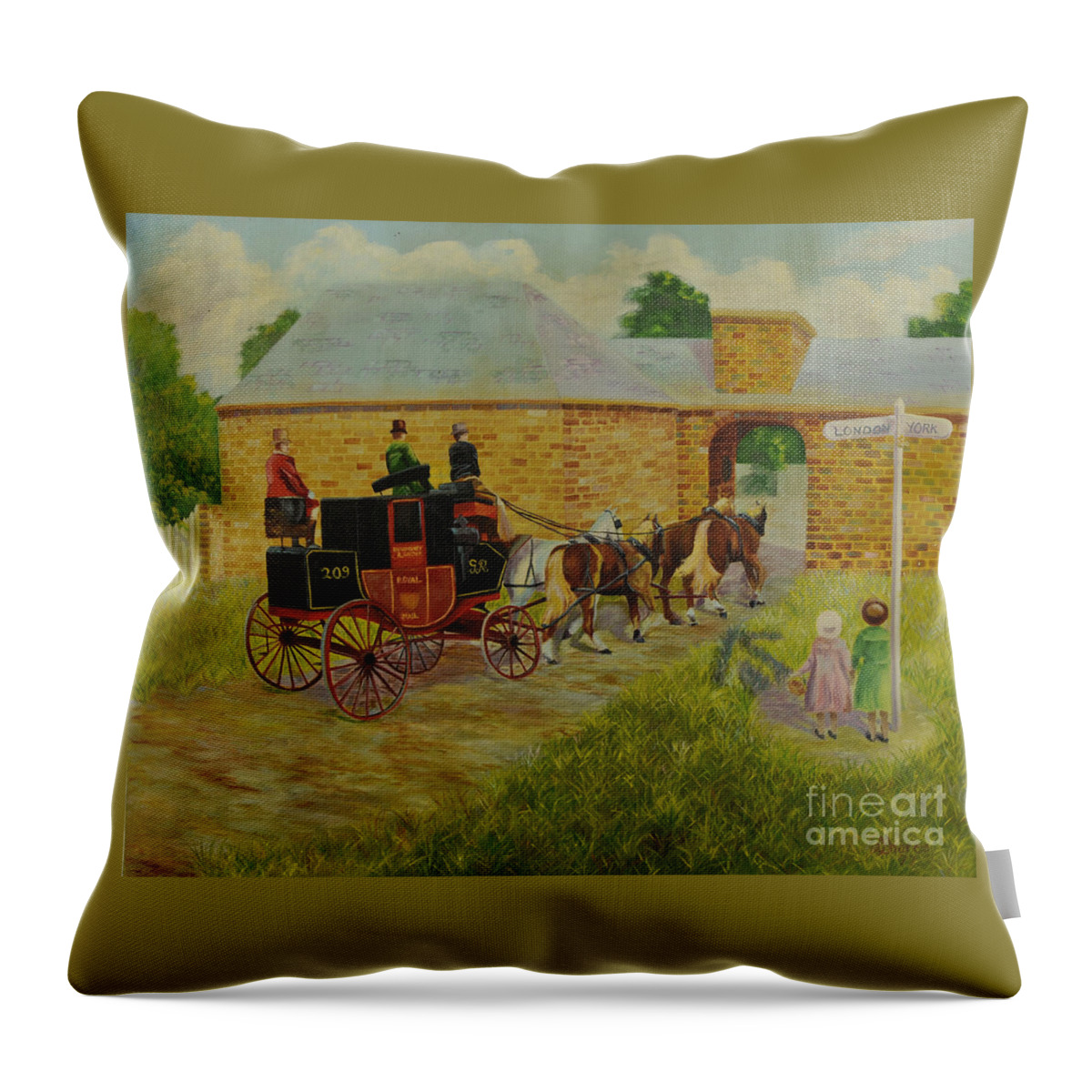 Mail Coach Throw Pillow featuring the painting Arrival by Charlotte Blanchard