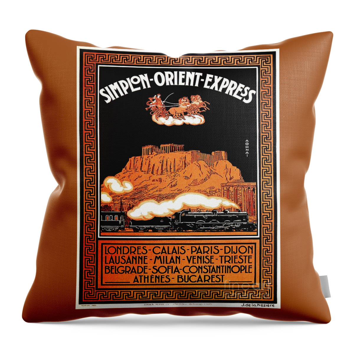 Orient Express Throw Pillow featuring the digital art Art Deco Orient Express advertising Athens by Heidi De Leeuw