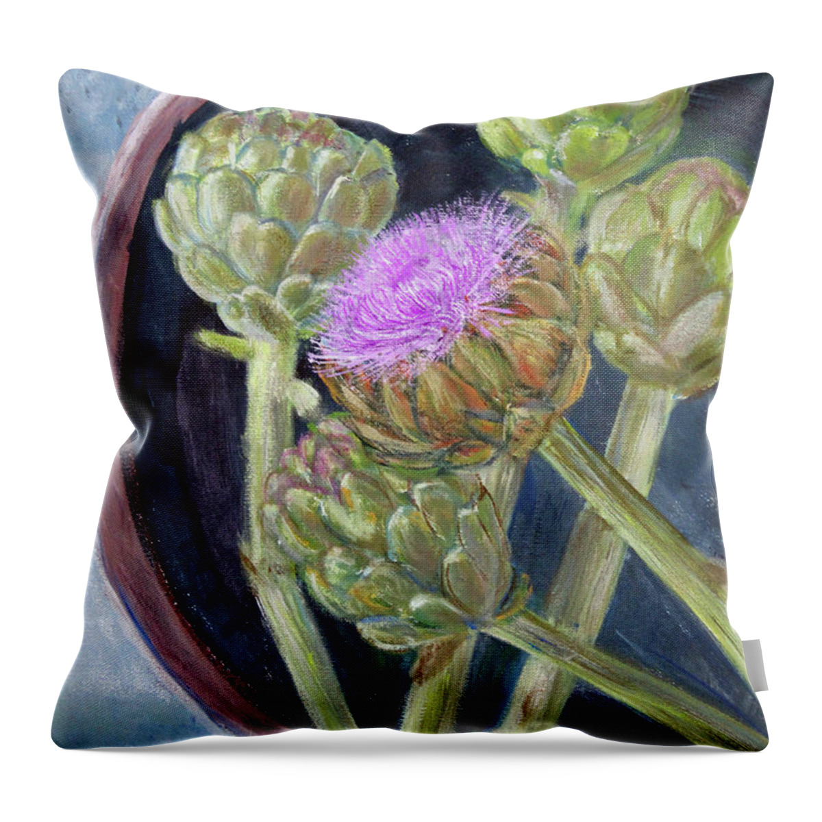 Still Life Throw Pillow featuring the painting Artichoke In Bloom by Lyric Lucas