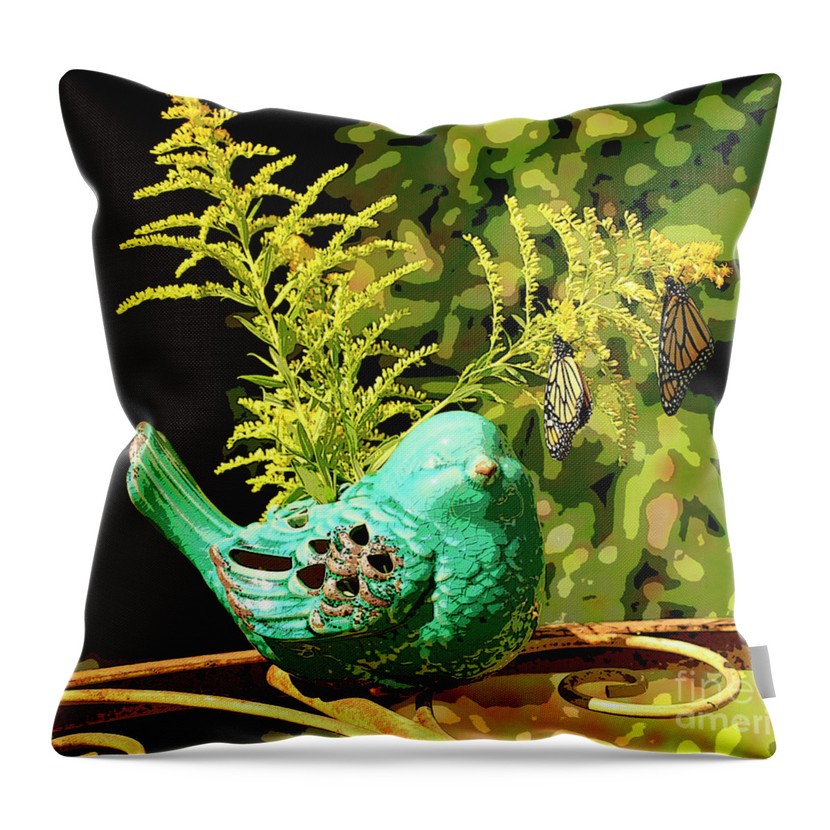Teal Ceramic Bird Throw Pillow featuring the photograph Artistic Teal Bird And Butterflies by Luana K Perez