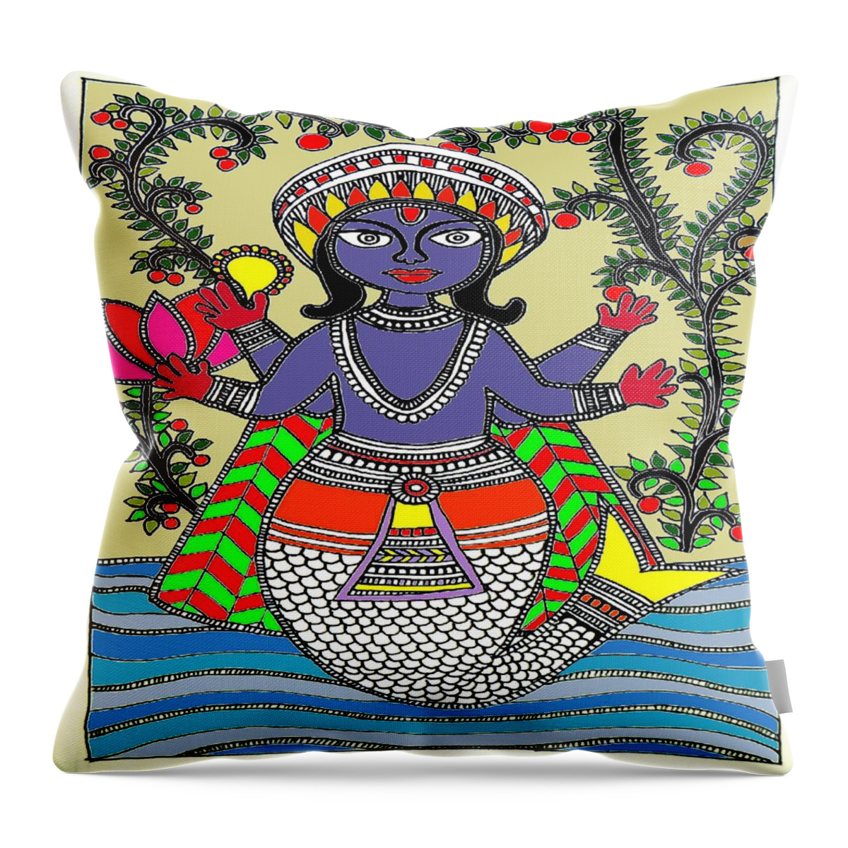 Animal Throw Pillow featuring the painting Matsya an Avatar of Hundi God Vishnu by Sketchii Studio