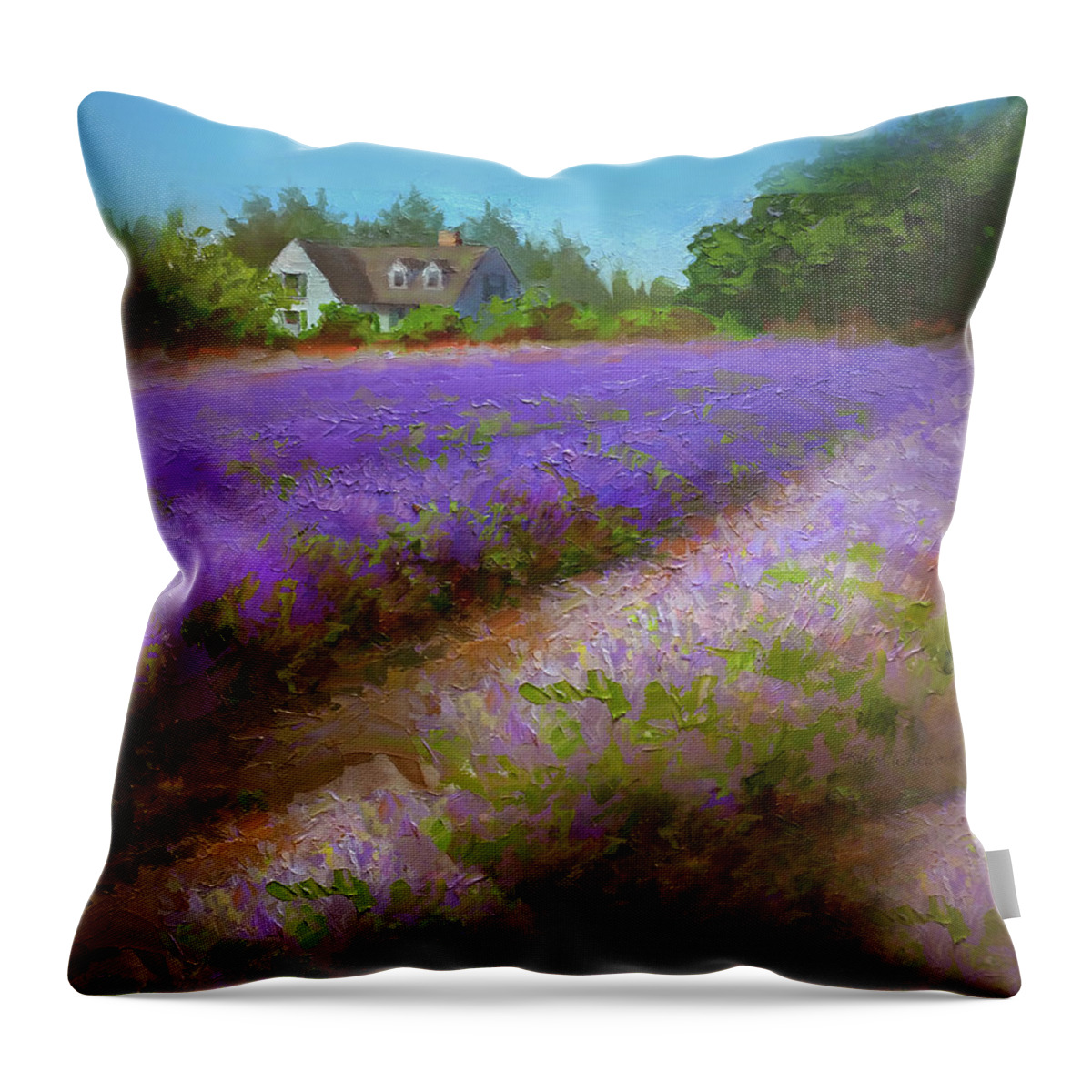 Oregon Art Throw Pillow featuring the painting Impressionistic Lavender Field Landscape Plein Air Painting by K Whitworth