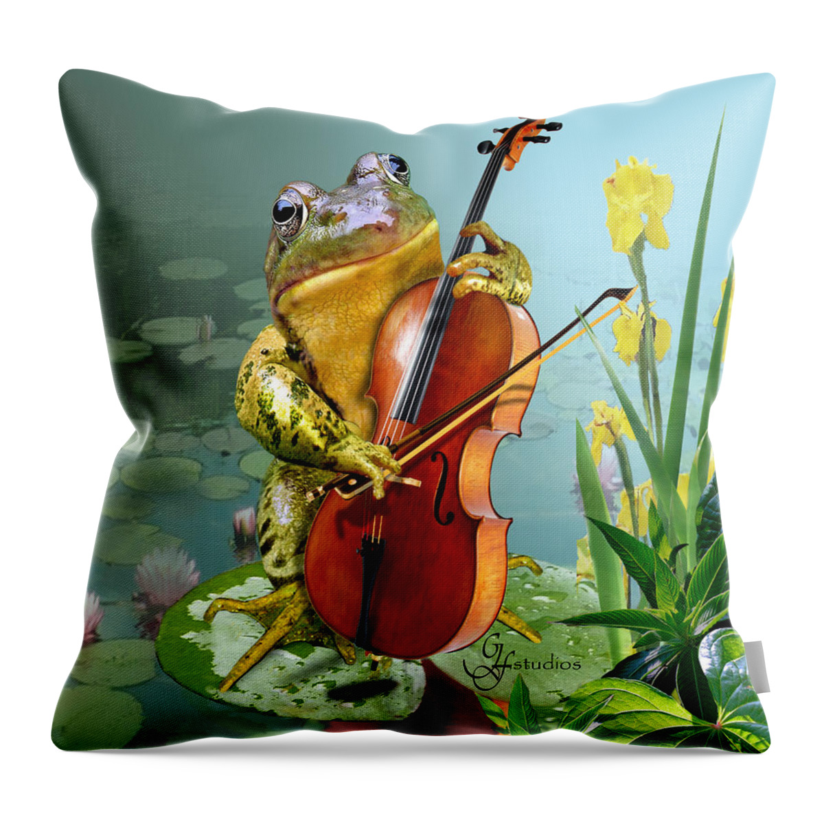 Humorous Scene Frog Playing Cello In Lily Pond Throw Pillow featuring the painting Humorous scene frog playing cello in lily pond by Regina Femrite