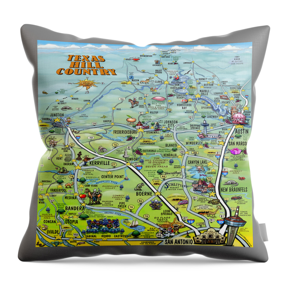 Texas Throw Pillow featuring the digital art Texas Hill Country Cartoon Map #1 by Kevin Middleton