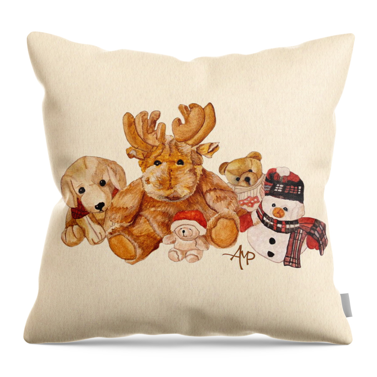 Cuddly Animals Throw Pillow featuring the painting Snowy Patrol by Angeles M Pomata