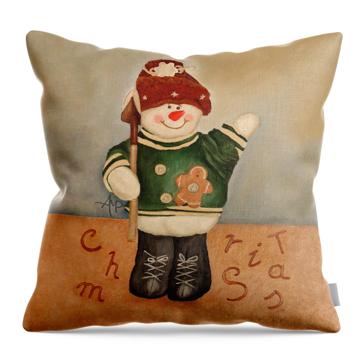 Snowman Throw Pillow featuring the painting Snowman Junior by Angeles M Pomata