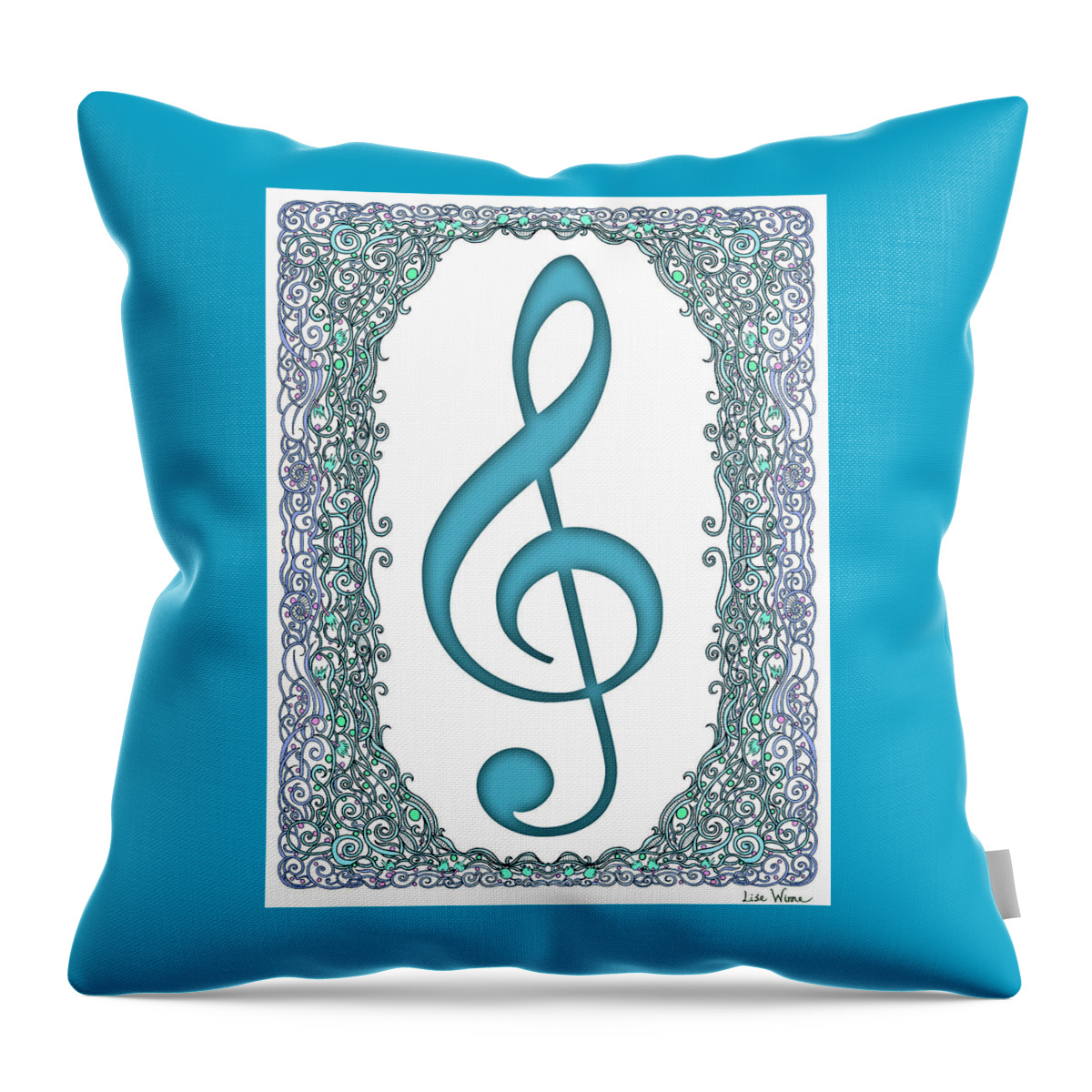 Lise Winne Throw Pillow featuring the digital art Turquoise Treble Clef with Turquoise and Blue Border by Lise Winne