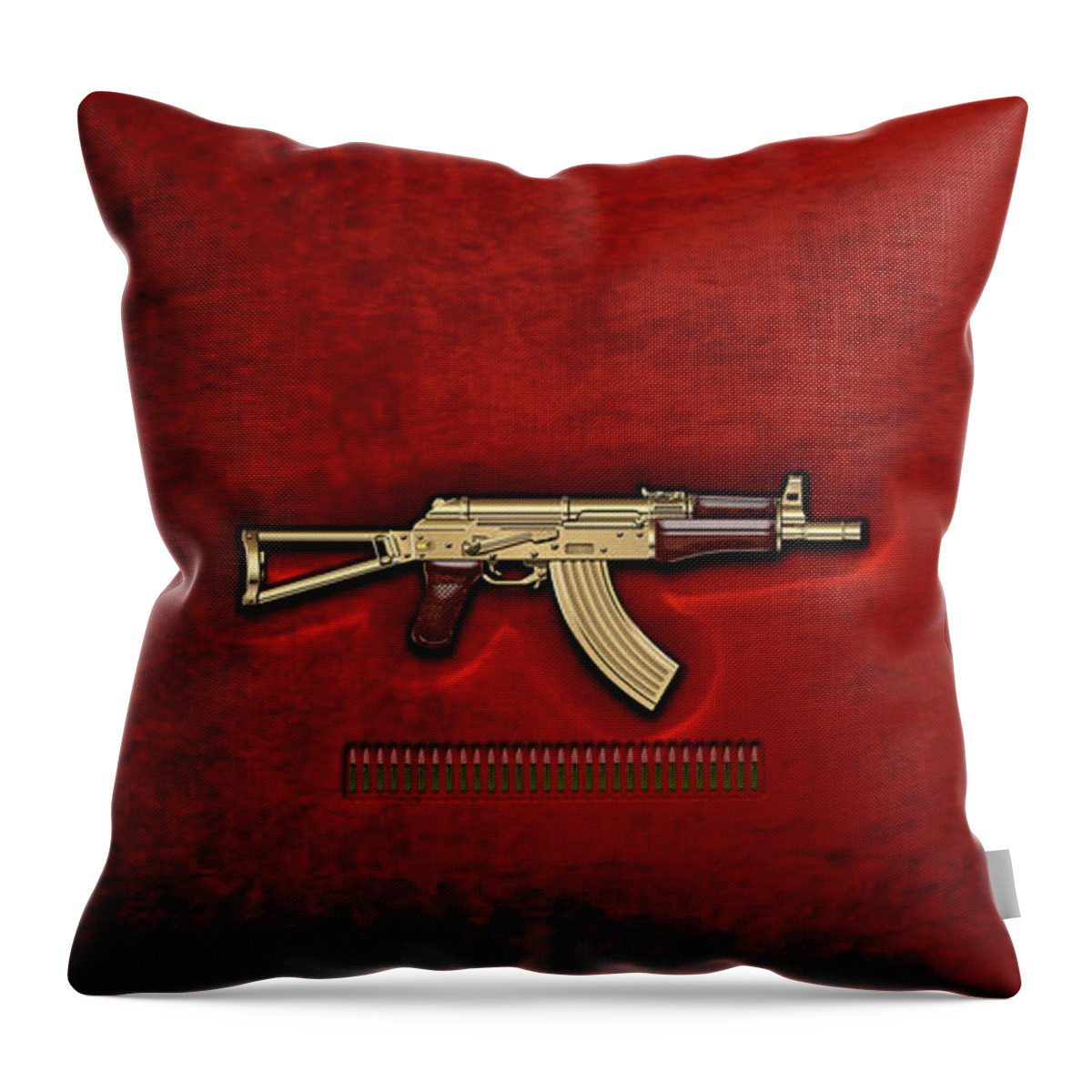 'the Armory' Collection By Serge Averbukh Throw Pillow featuring the photograph Gold A K S-74 U Assault Rifle with 5.45x39 Rounds over Red Velvet  #1 by Serge Averbukh
