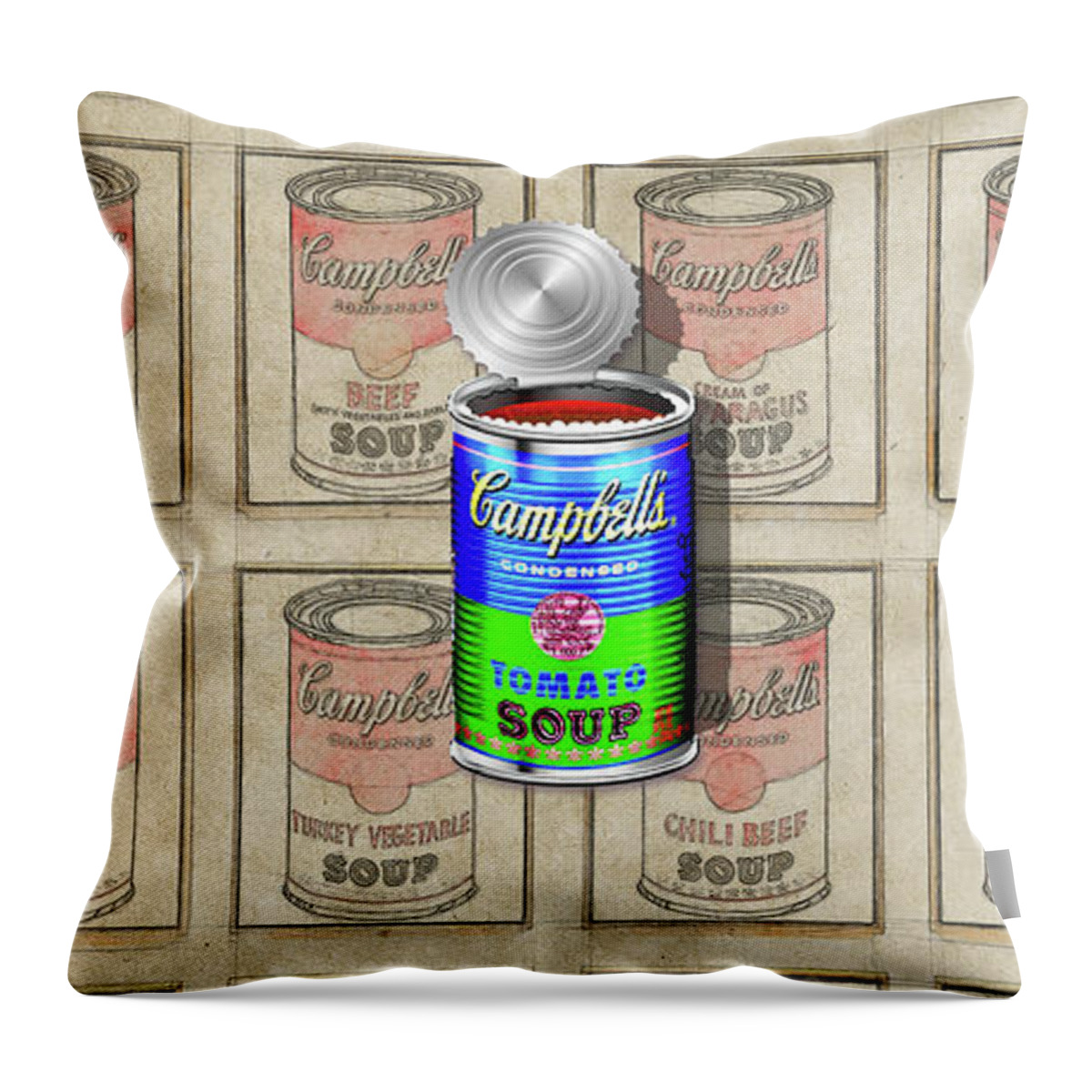 'visual Art Pop' Collection By Serge Averbukh Throw Pillow featuring the digital art Campbell's Soup Revisited - Blue and Green by Serge Averbukh