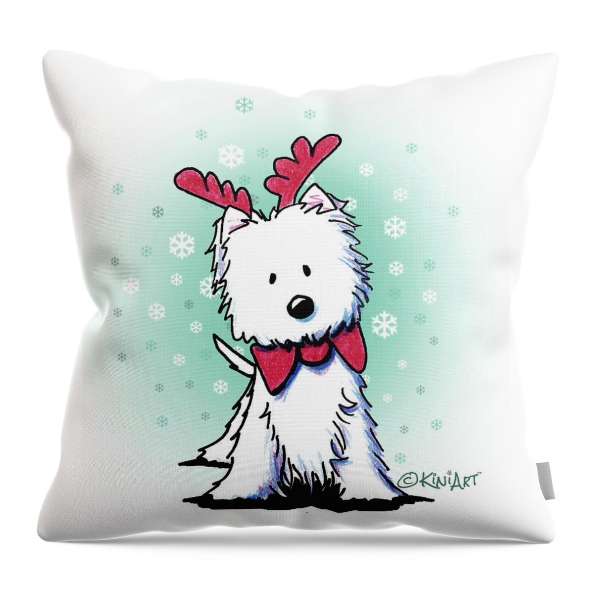 Westie Throw Pillow featuring the drawing KiniArt Westie Reindeer by Kim Niles aka KiniArt