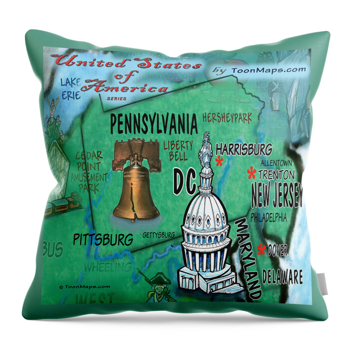 Pennsylvania Throw Pillow featuring the digital art Pennsylvania Fun Map by Kevin Middleton