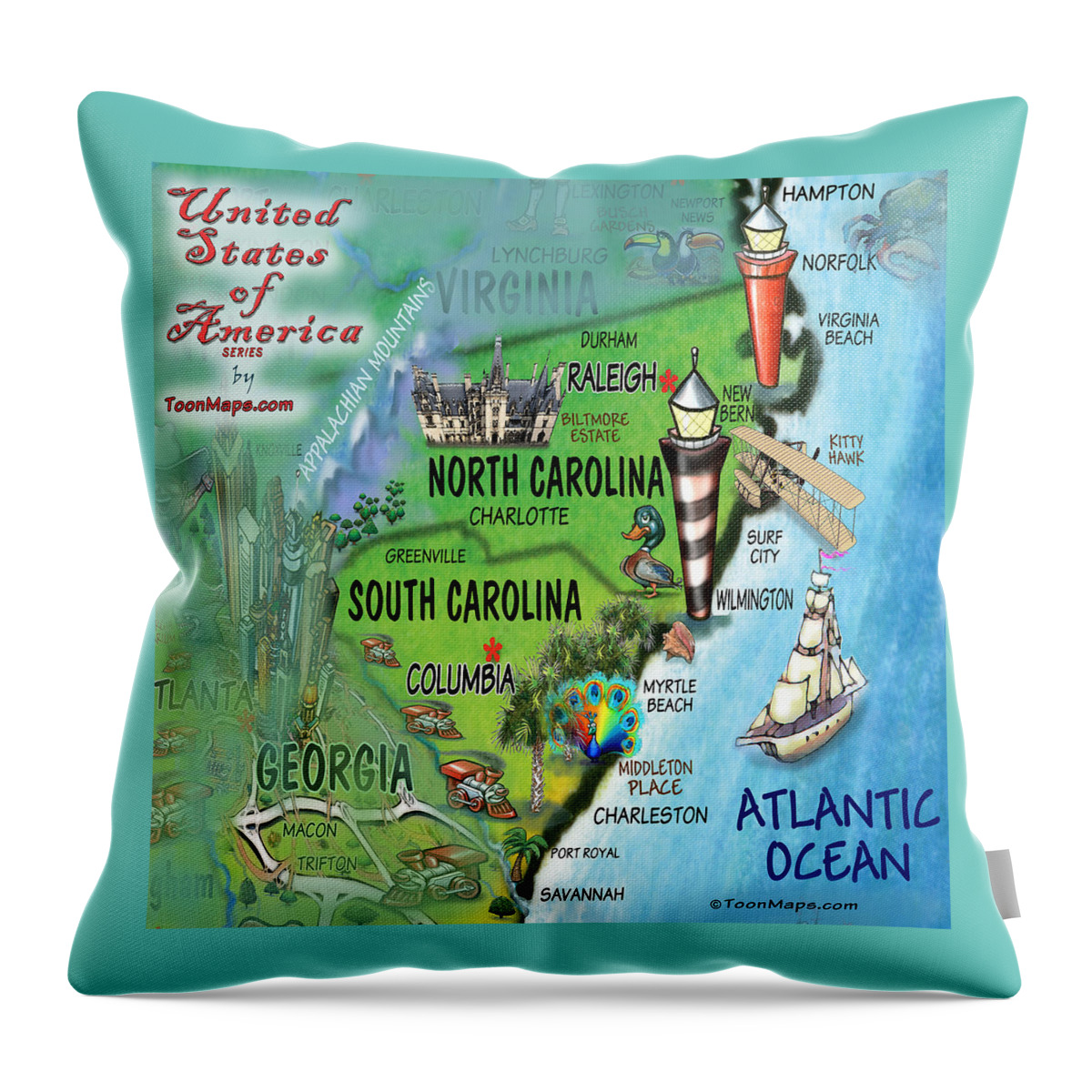 North Carolina Throw Pillow featuring the digital art North South Carolina Fun Map by Kevin Middleton