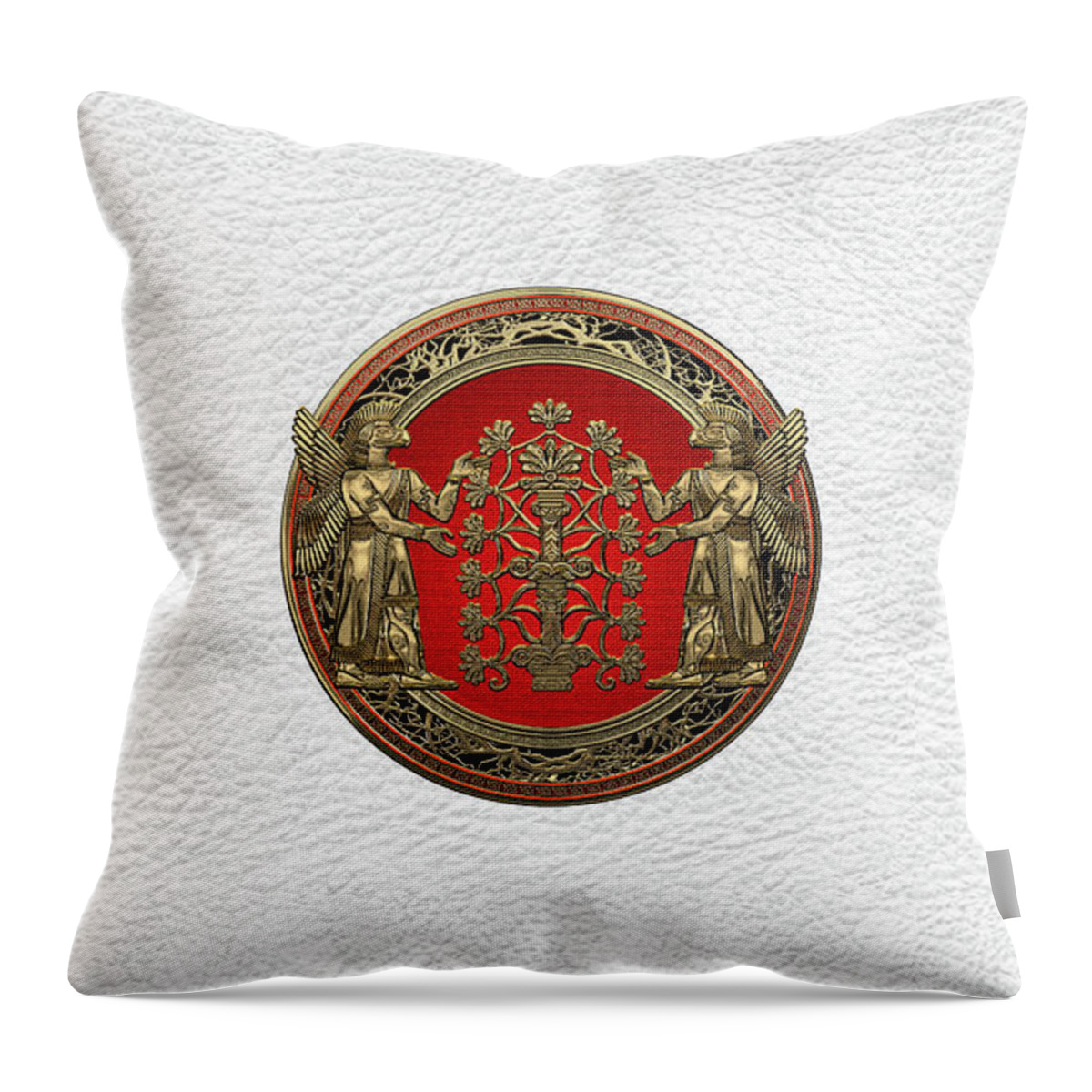 ‘treasures Of Mesopotamia’ Collection By Serge Averbukh Throw Pillow featuring the digital art Two Instances of Gold God Ninurta with Tree of Life over White Leather by Serge Averbukh