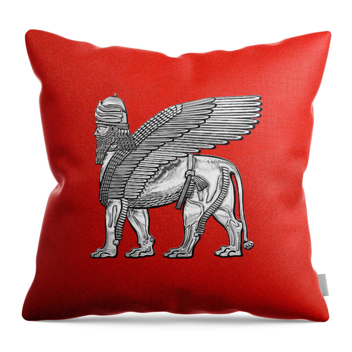 ‘treasures Of Mesopotamia’ Collection By Serge Averbukh Throw Pillow featuring the digital art Assyrian Winged Lion - Silver Lamassu over Red Canvas by Serge Averbukh