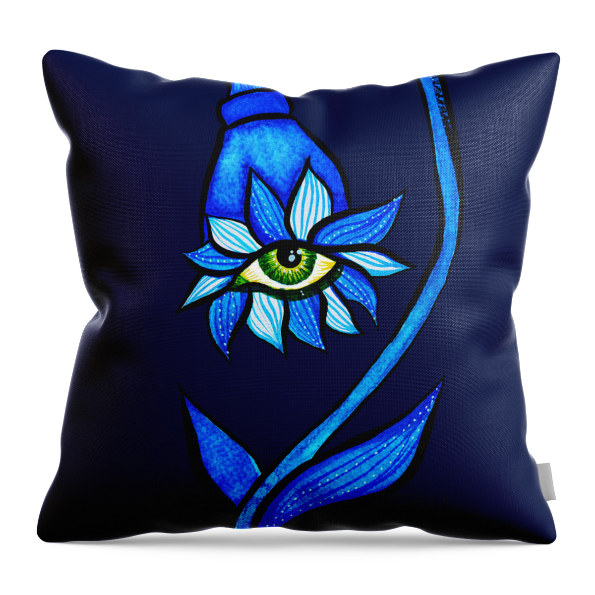Eye Throw Pillow featuring the drawing Weird Blue Staring Creepy Eye Flower by Boriana Giormova