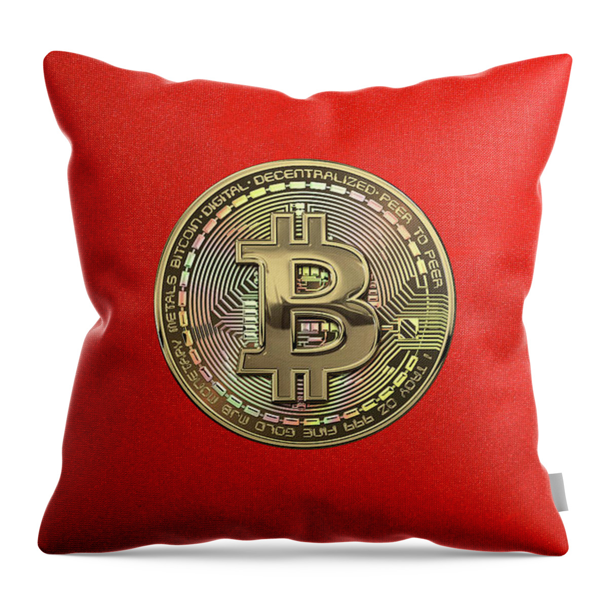‘money’ Collection By Serge Averbukh Throw Pillow featuring the digital art Gold Bitcoin Effigy over Red Canvas by Serge Averbukh