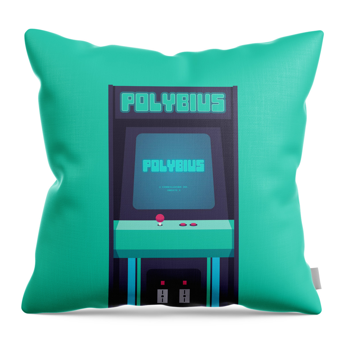 Polybius Throw Pillow featuring the digital art Polybius Arcade Game Machine Cabinet - Front Green by Organic Synthesis