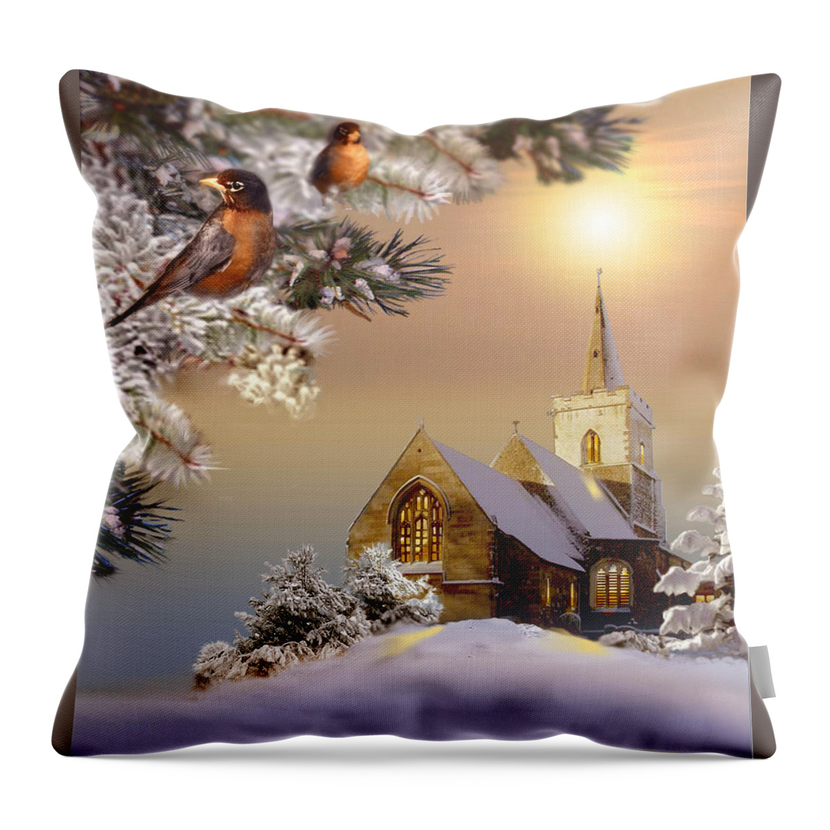 Winter Scene With Robins And Church Print Throw Pillow featuring the painting Winter scene with robins and church  by Regina Femrite