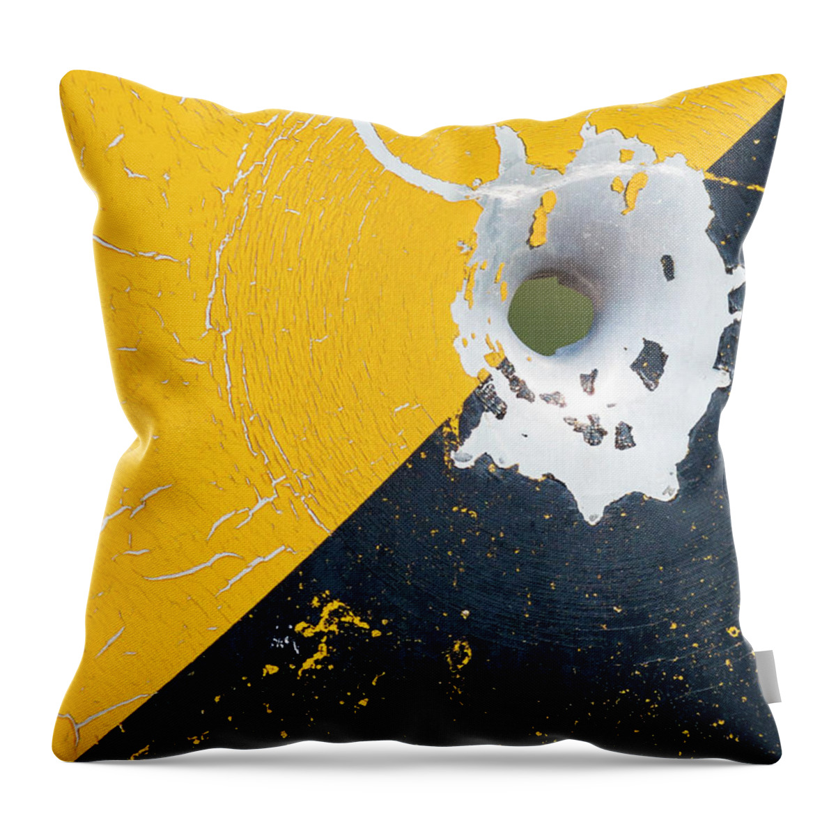 Bill Kesler Photography Throw Pillow featuring the photograph Bullet Hole on the Yellow Black Line by Bill Kesler