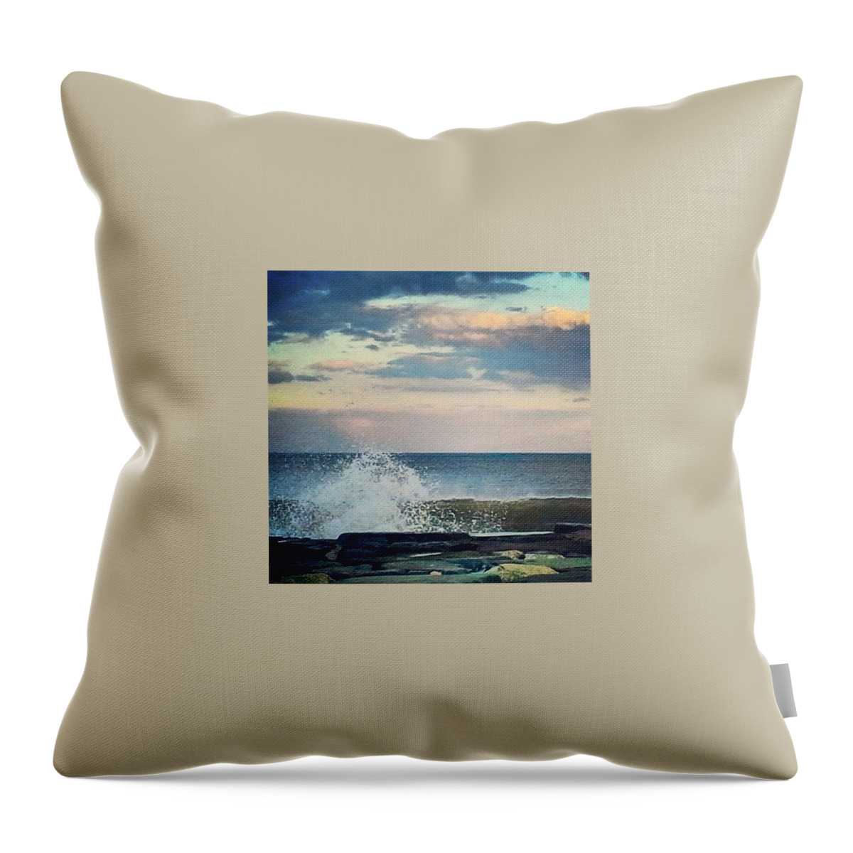 Asbury Park Throw Pillow featuring the photograph Wave Splashes As Sun Sets by Lauren Fitzpatrick