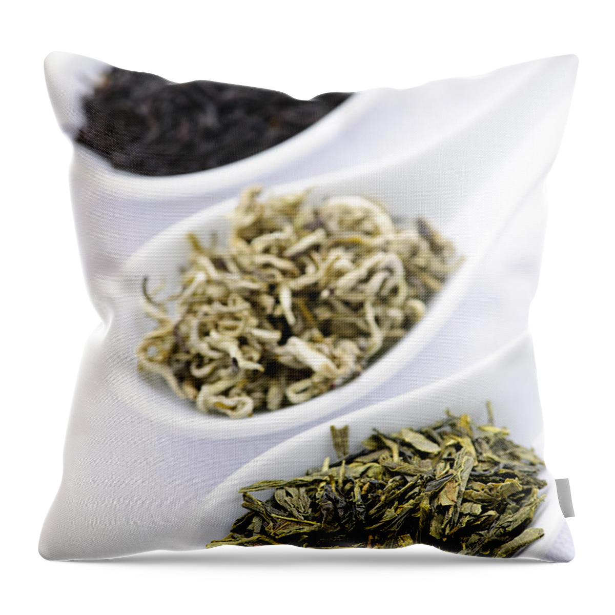 Tea Throw Pillow featuring the photograph Assortment of dry tea leaves in spoons by Elena Elisseeva
