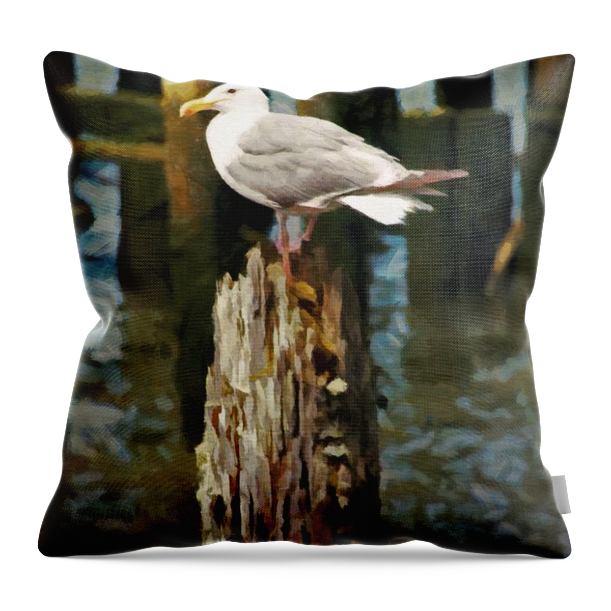 Seagull Throw Pillow featuring the painting Astoria Waterfront, Scene 2 - Post Posing by Jeffrey Kolker