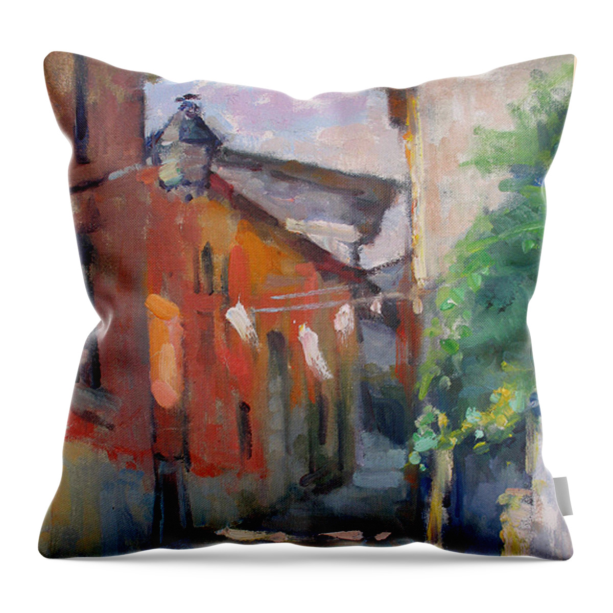 Plein-air Throw Pillow featuring the painting At the End of the Alley by Jerry Fresia