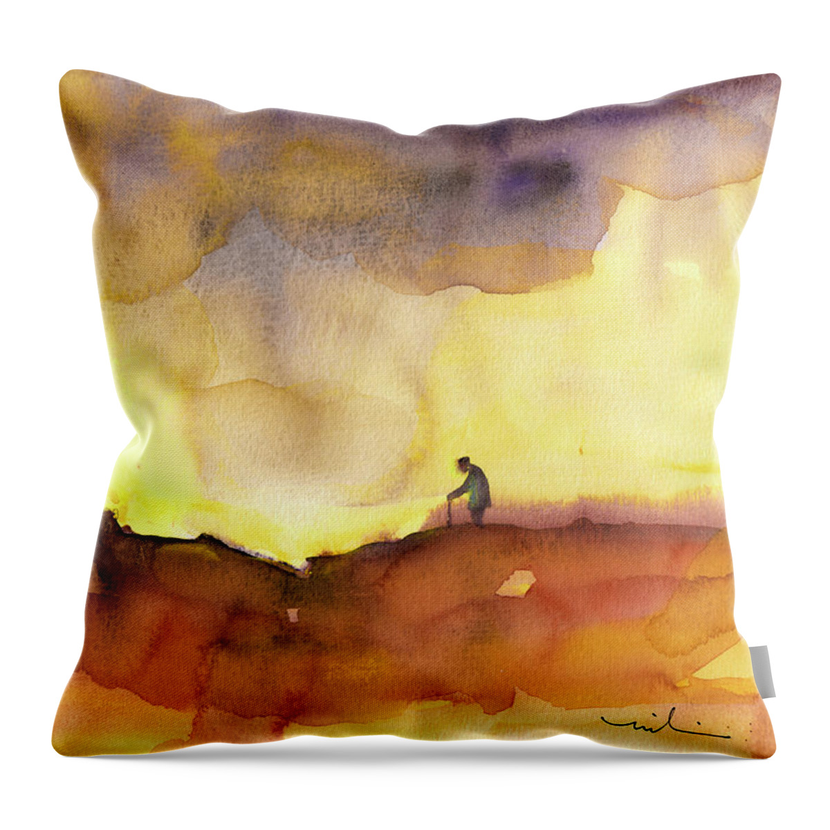 Watercolour Throw Pillow featuring the painting At The End Of The Way by Miki De Goodaboom
