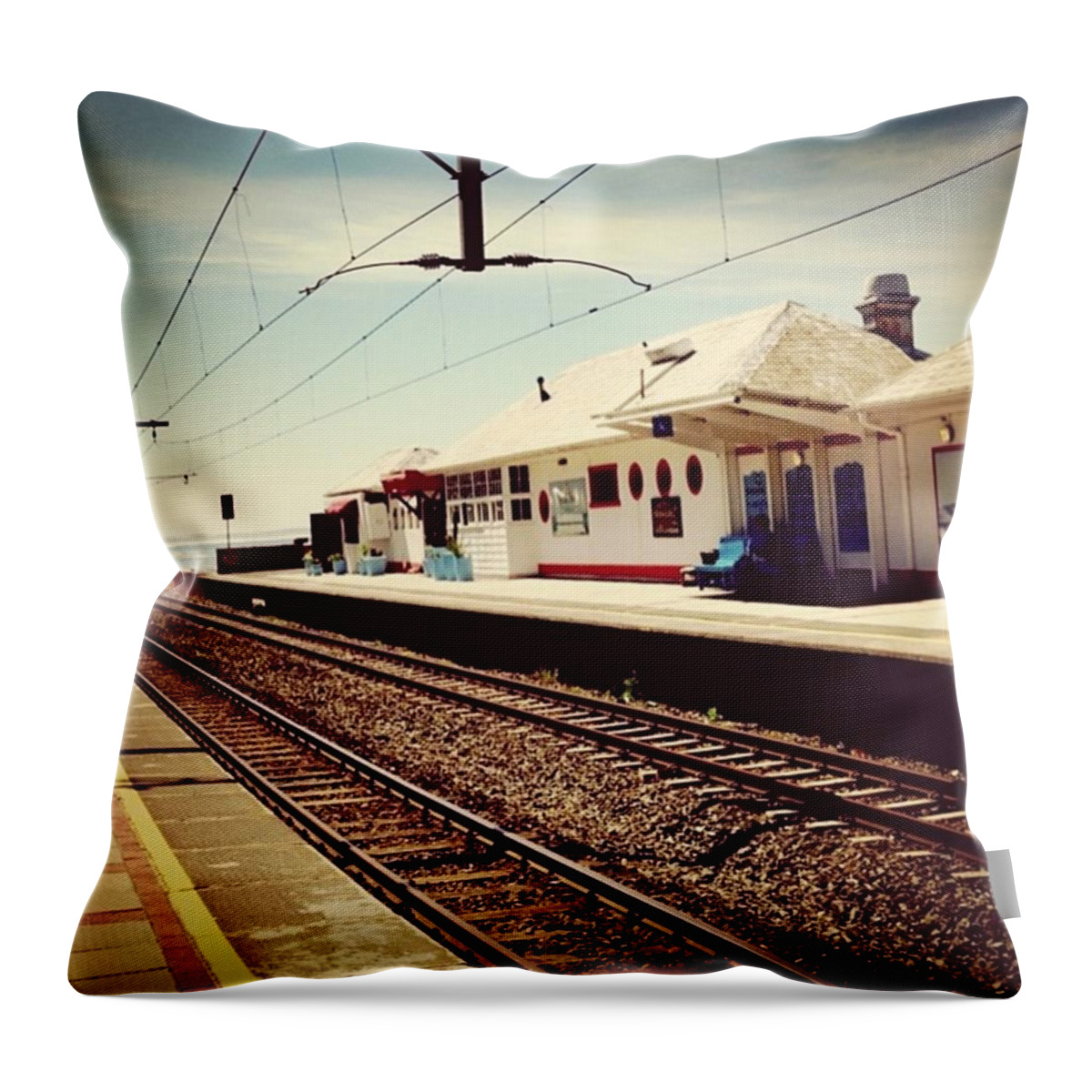 Train Throw Pillow featuring the photograph At The Station by Jacci Freimond Rudling