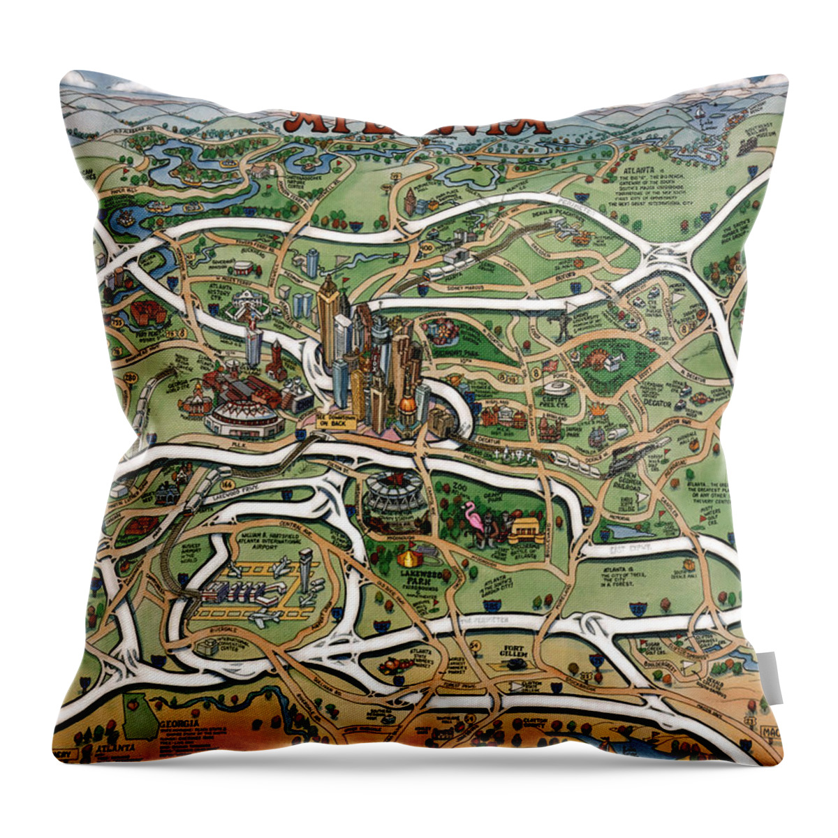 Atlanta Throw Pillow featuring the painting Atlanta Cartoon Map by Kevin Middleton